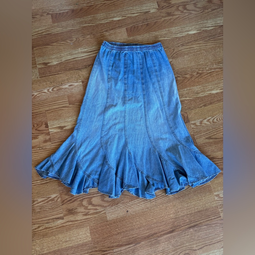 Vintage Denim Midi Skirt 90s Blue Jean Flounce Hem Skirt | Elastic Waist Size M - Picture 2 of 6